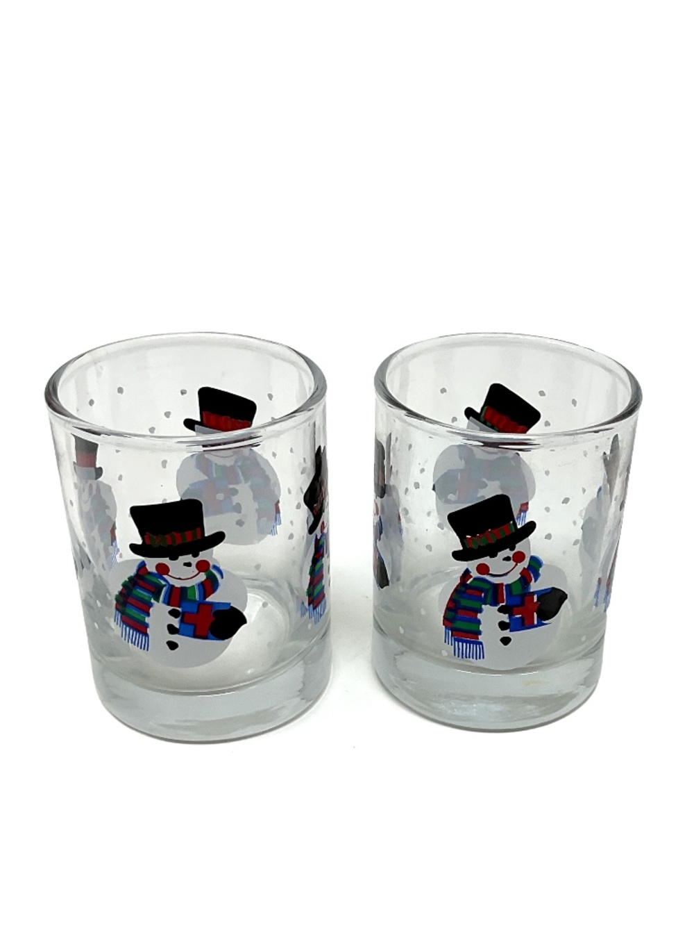 Pair of Pretty Vintage Holiday Candle holders, glass, snowman, votive candle